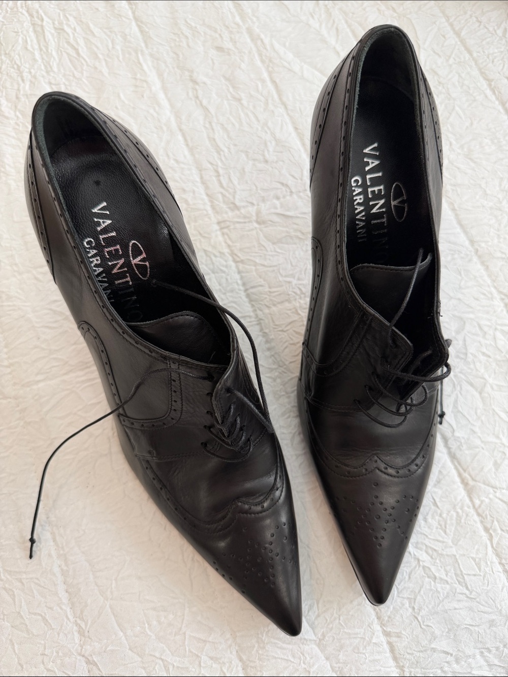 Valentino Garavani Black Pointed Leather Lace-Up Heels with Brogue Detail